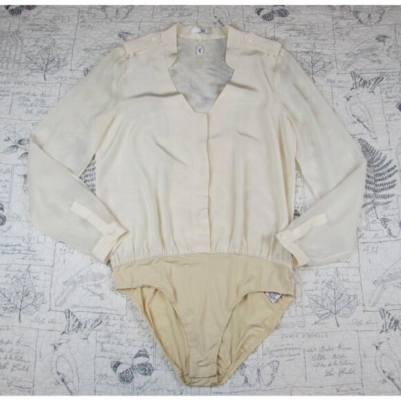EUC TIBI Silk V-Neck Ivory Bodysuit Blouse Long sheer sleeve womens size 4 - Picture 1 of 9